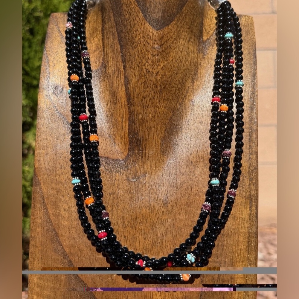 Sterling Silver Multi Strand Stone Black Onyx Bead Necklace. 22 Inch